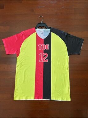 Vintage-Style Sublimated Soccer Jersey 
"TQE" #12 Red/Black/Yellow Colorblock XL